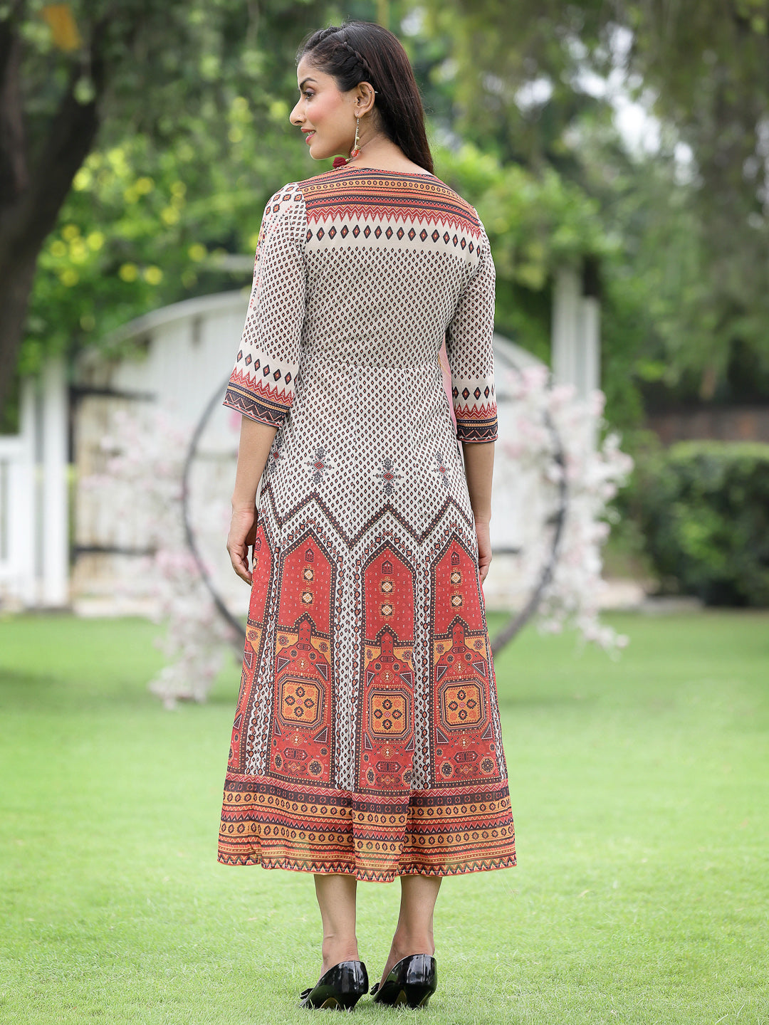 Off-White Georgette Festive Wear Printed Flared Dress