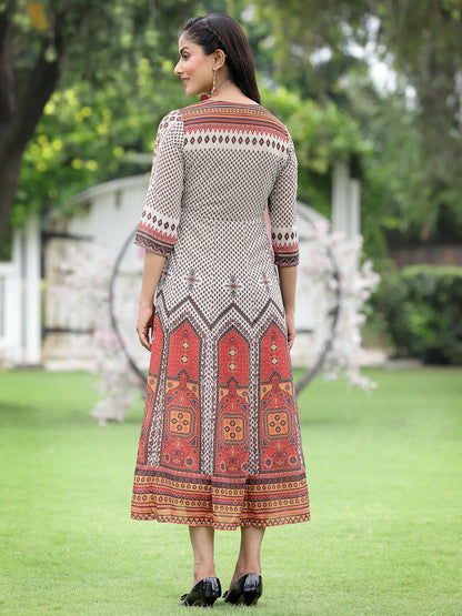 Off-White Georgette Festive Wear Printed Flared Dress