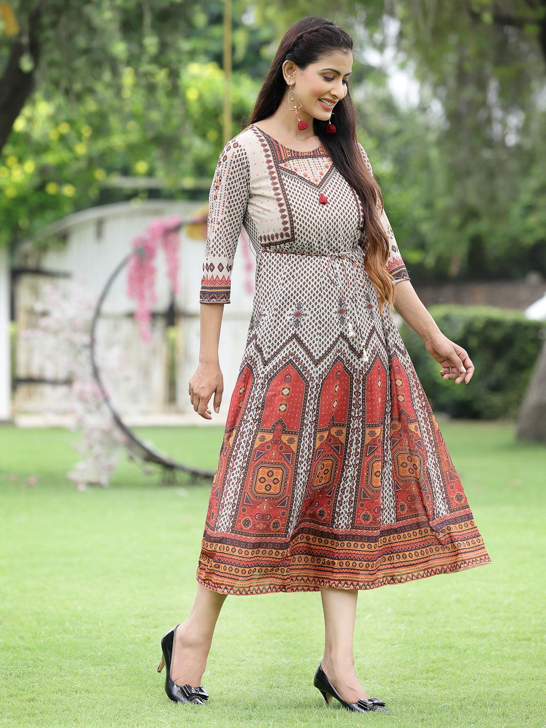 Off-White Georgette Festive Wear Printed Flared Dress