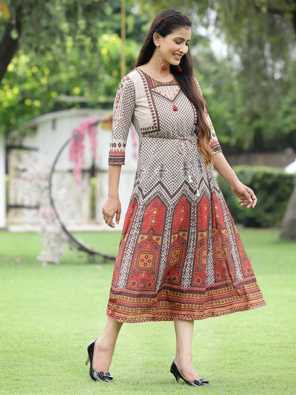 Off-White Georgette Festive Wear Printed Flared Dress