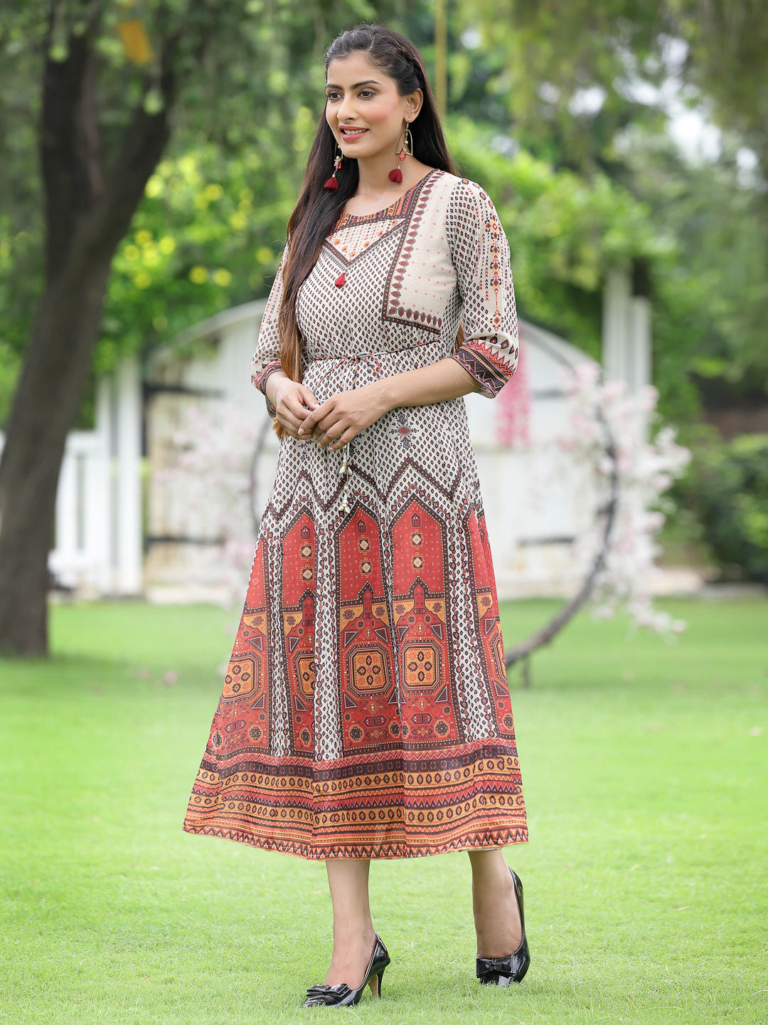 Off-White Georgette Festive Wear Printed Flared Dress