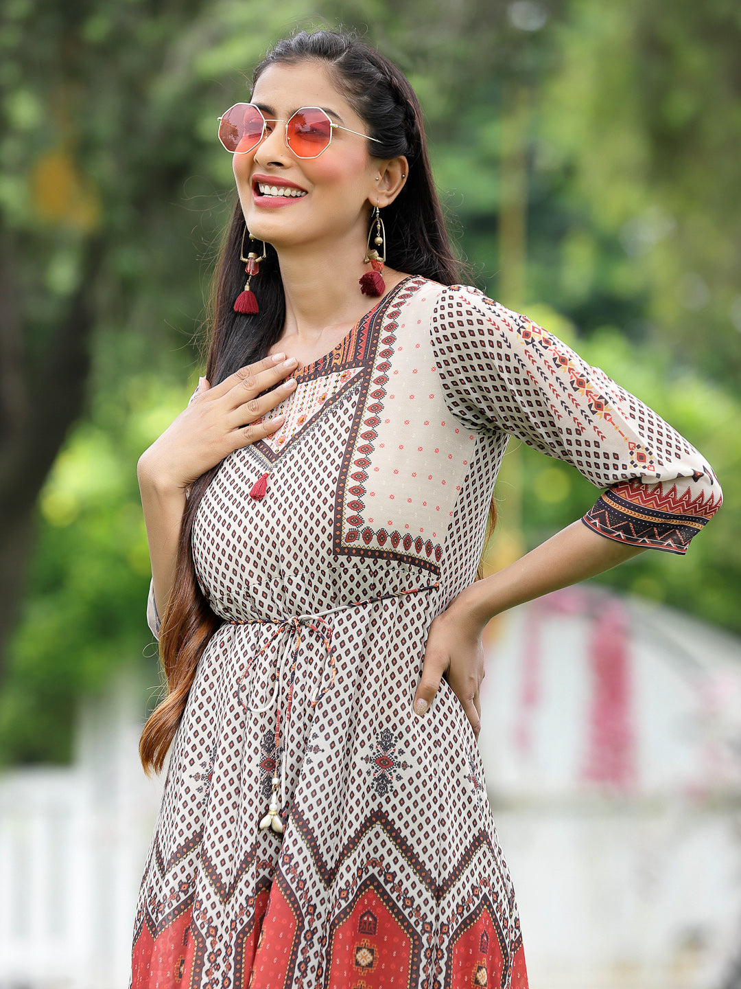 Off-White Georgette Festive Wear Printed Flared Dress