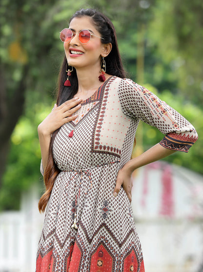 Off-White Georgette Festive Wear Printed Flared Dress
