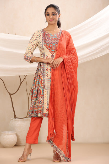 Off - White Rayon Festive Printed A-Line Skd