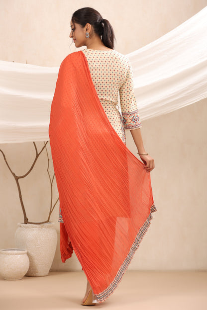 Off - White Rayon Festive Printed A-Line Skd