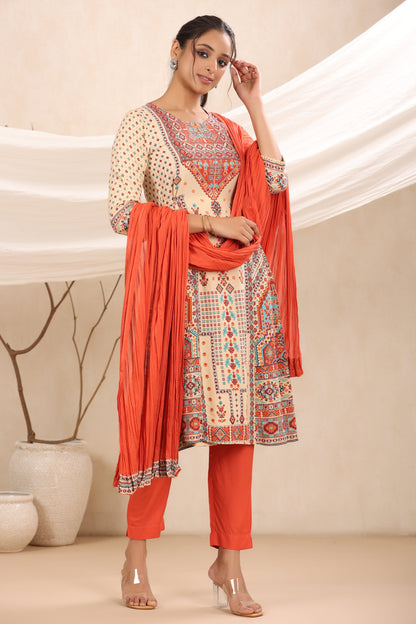 Off - White Rayon Festive Printed A-Line Skd