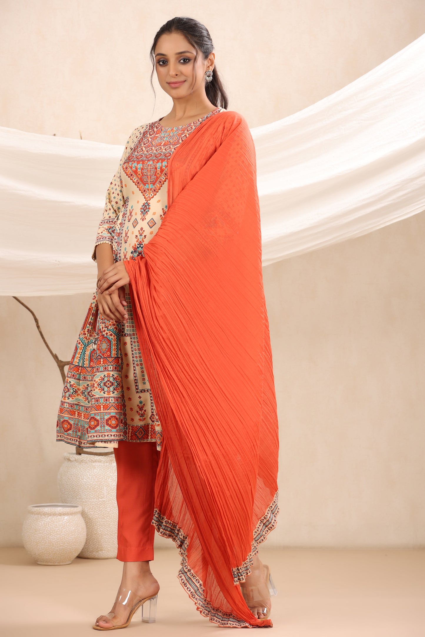 Off - White Rayon Festive Printed A-Line Skd