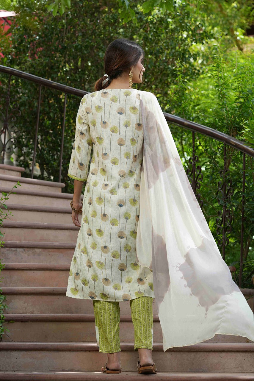 Green Rayon Casual Wear Printed Straight Kurta Pant Dupatta Set