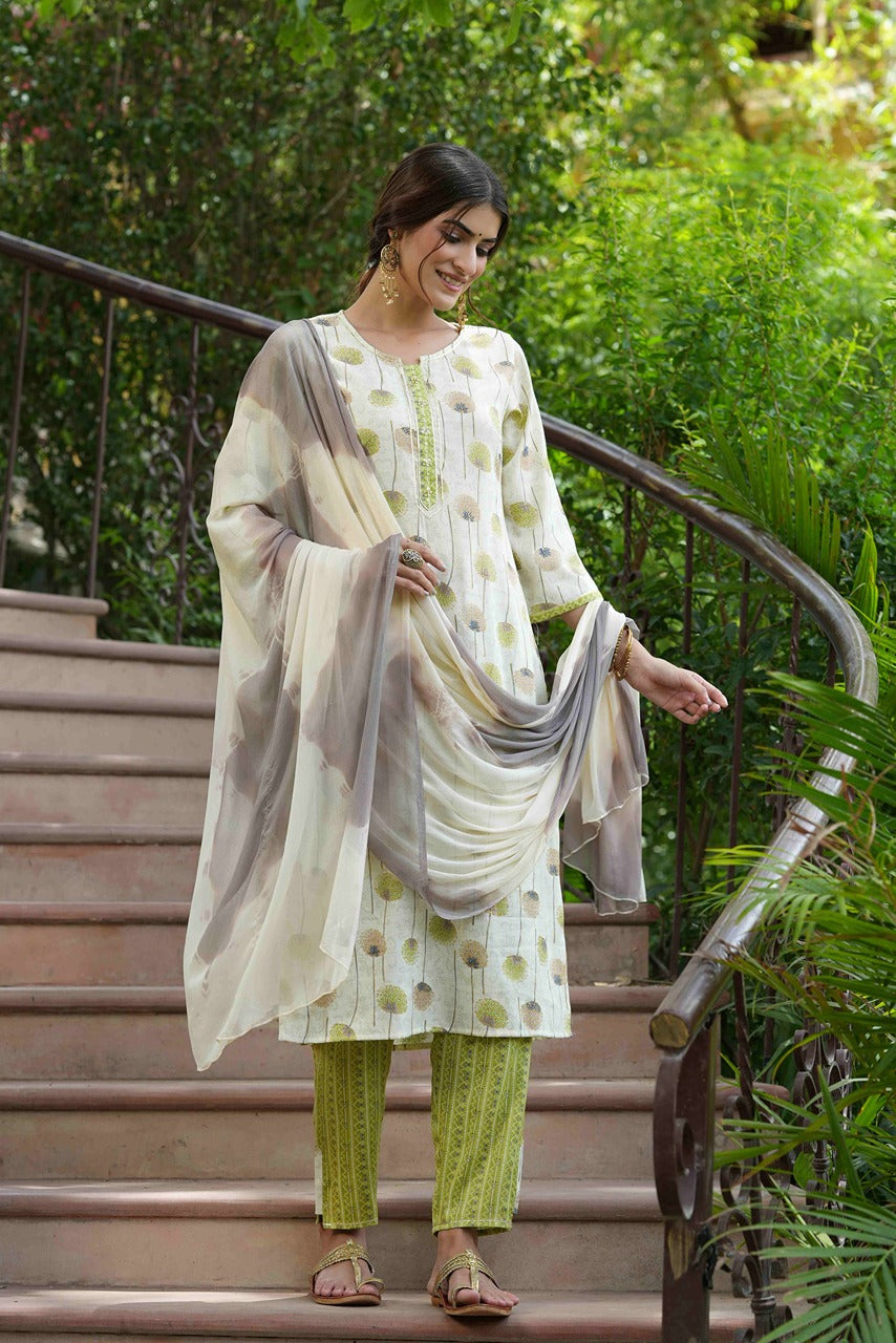 Green Rayon Casual Wear Printed Straight Kurta Pant Dupatta Set