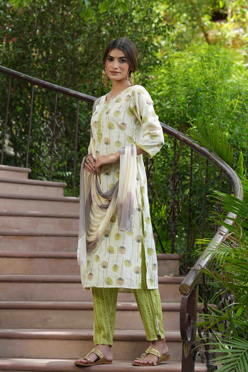 Green Rayon Casual Wear Printed Straight Kurta Pant Dupatta Set