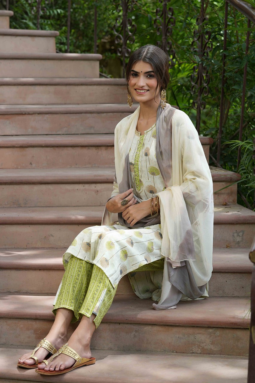 Green Rayon Casual Wear Printed Straight Kurta Pant Dupatta Set