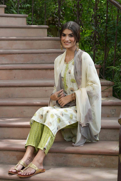 Green Rayon Casual Wear Printed Straight Kurta Pant Dupatta Set