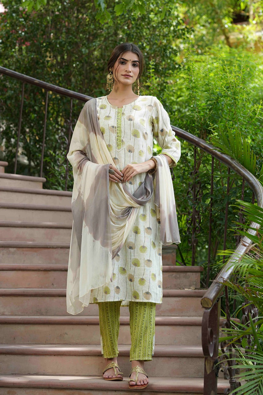 Green Rayon Casual Wear Printed Straight Kurta Pant Dupatta Set