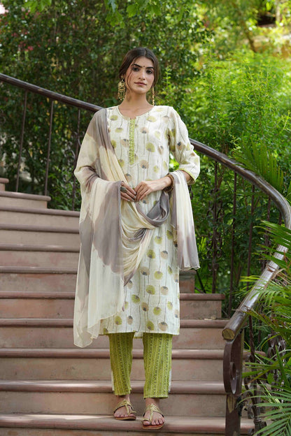 Green Rayon Casual Wear Printed Straight Kurta Pant Dupatta Set