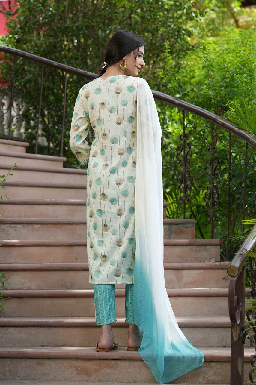 Sky blue Rayon Casual Wear Printed Straight Kurta Pant Dupatta Set