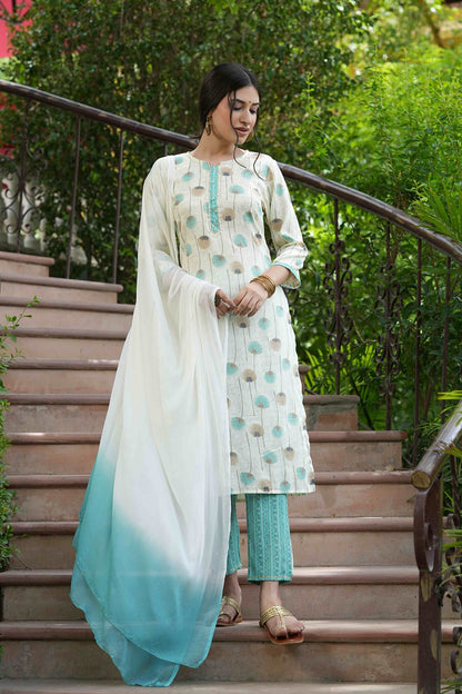 Sky blue Rayon Casual Wear Printed Straight Kurta Pant Dupatta Set