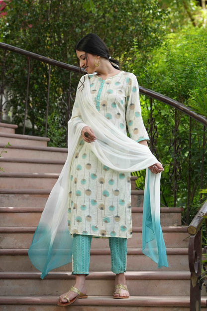 Sky blue Rayon Casual Wear Printed Straight Kurta Pant Dupatta Set