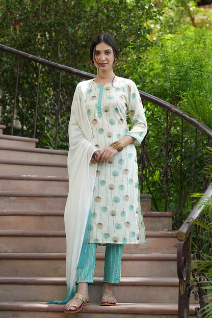 Sky blue Rayon Casual Wear Printed Straight Kurta Pant Dupatta Set