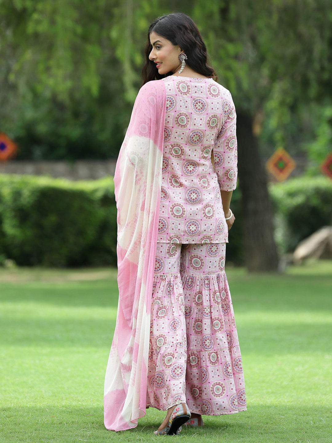 Pink Muslin Festive Wear Mirror Work Straight Kurta Sharara Dupatta Set