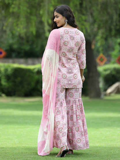 Pink Muslin Festive Wear Mirror Work Straight Kurta Sharara Dupatta Set