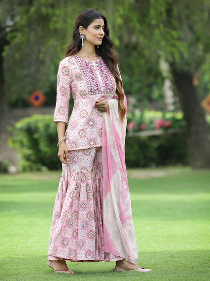 Pink Muslin Festive Wear Mirror Work Straight Kurta Sharara Dupatta Set