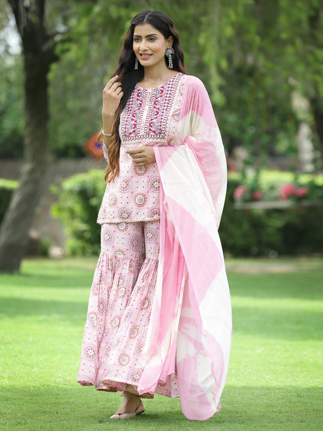 Pink Muslin Festive Wear Mirror Work Straight Kurta Sharara Dupatta Set