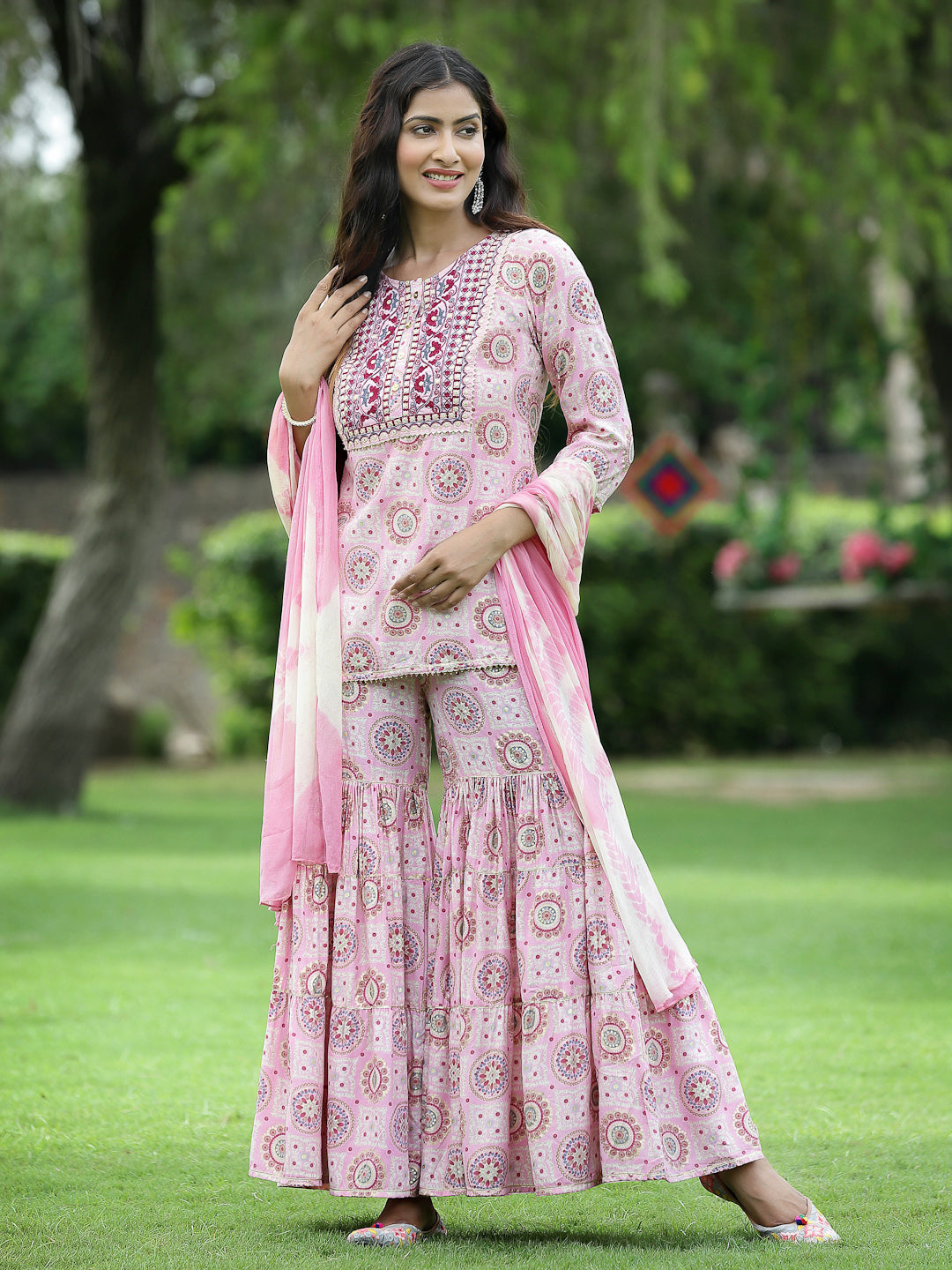 Pink Muslin Festive Wear Mirror Work Straight Kurta Sharara Dupatta Set