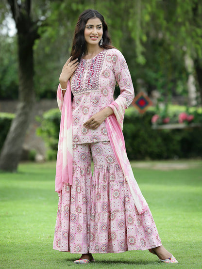 Pink Muslin Festive Wear Mirror Work Straight Kurta Sharara Dupatta Set