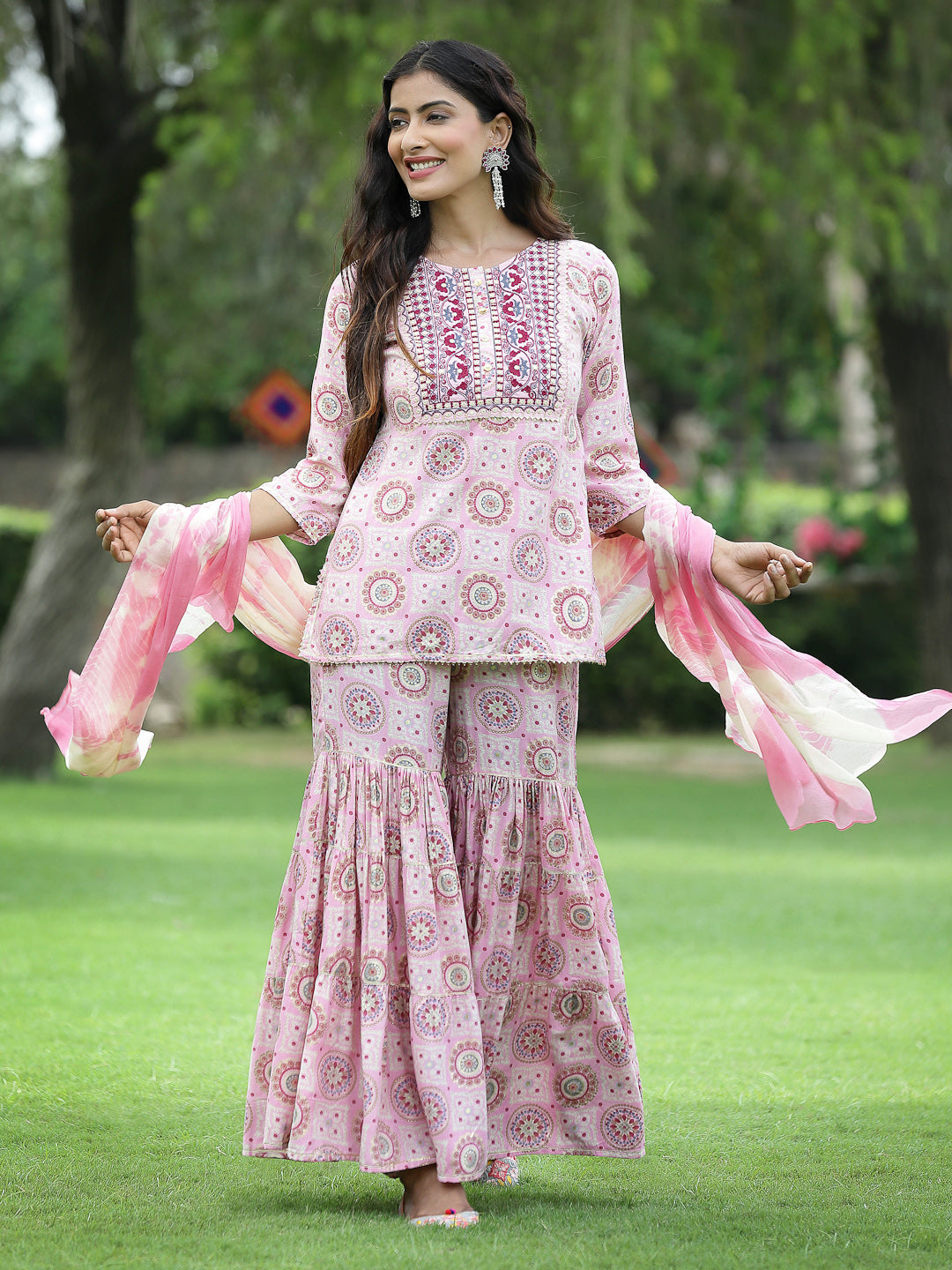 Pink Muslin Festive Wear Mirror Work Straight Kurta Sharara Dupatta Set