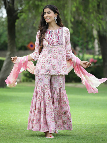 Pink Muslin Festive Wear Mirror Work Straight Kurta Sharara Dupatta Set