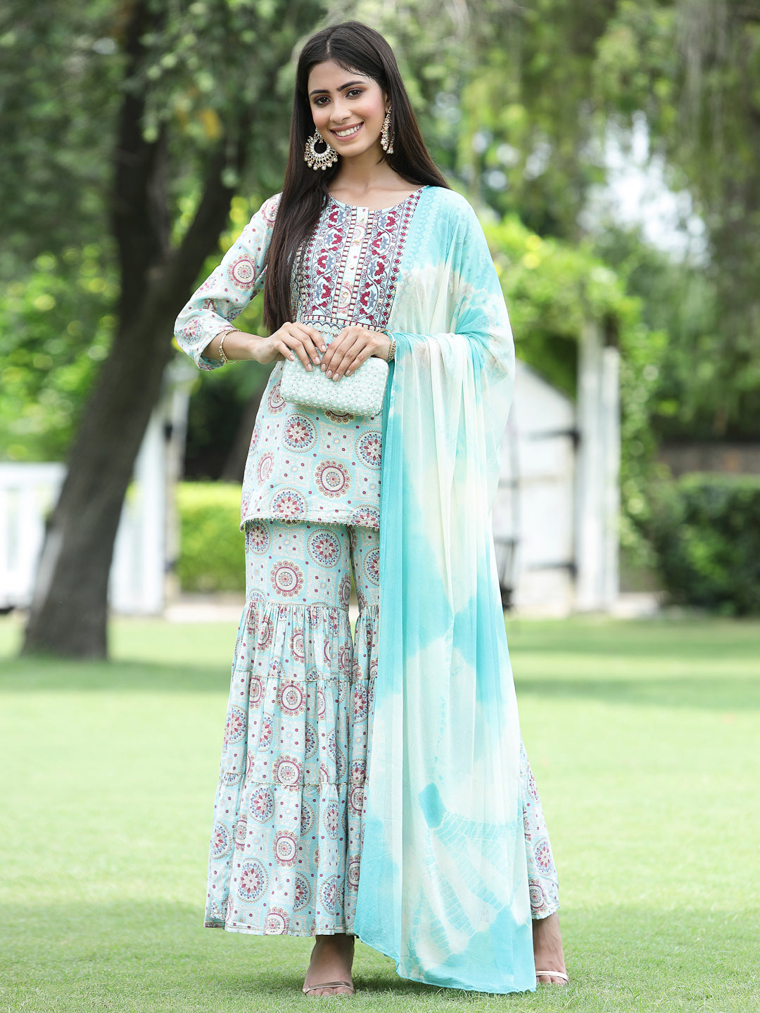 Sky blue Muslin Festive Wear Mirror Work Straight Kurta Sharara Dupatta Set