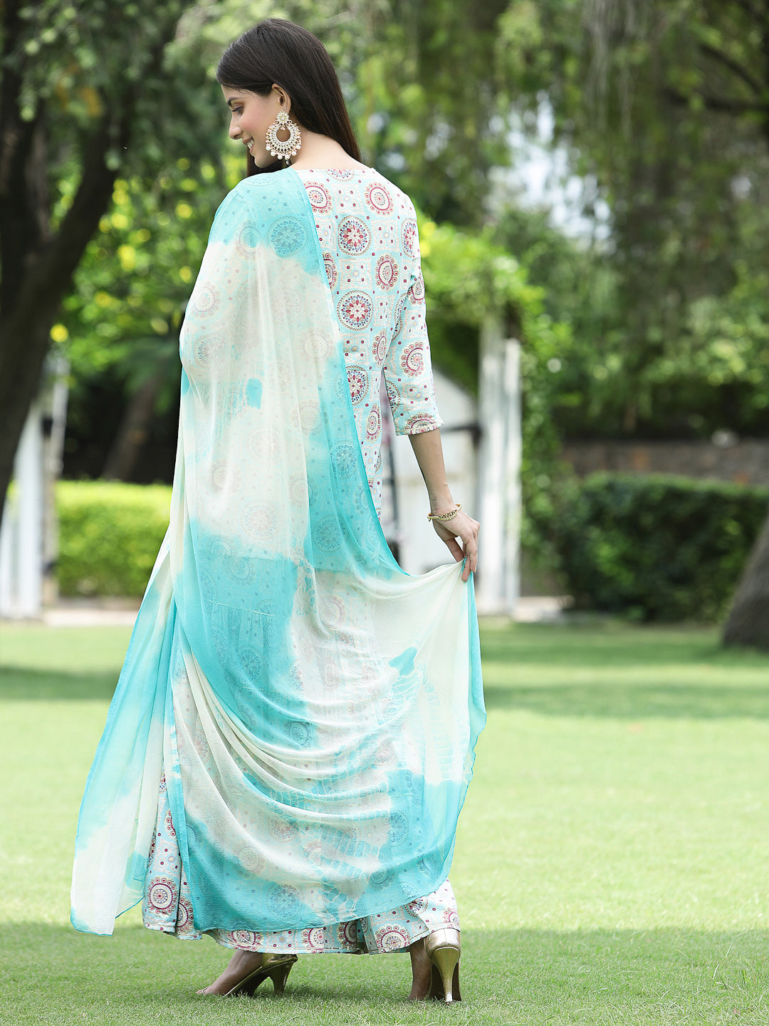 Sky blue Muslin Festive Wear Mirror Work Straight Kurta Sharara Dupatta Set
