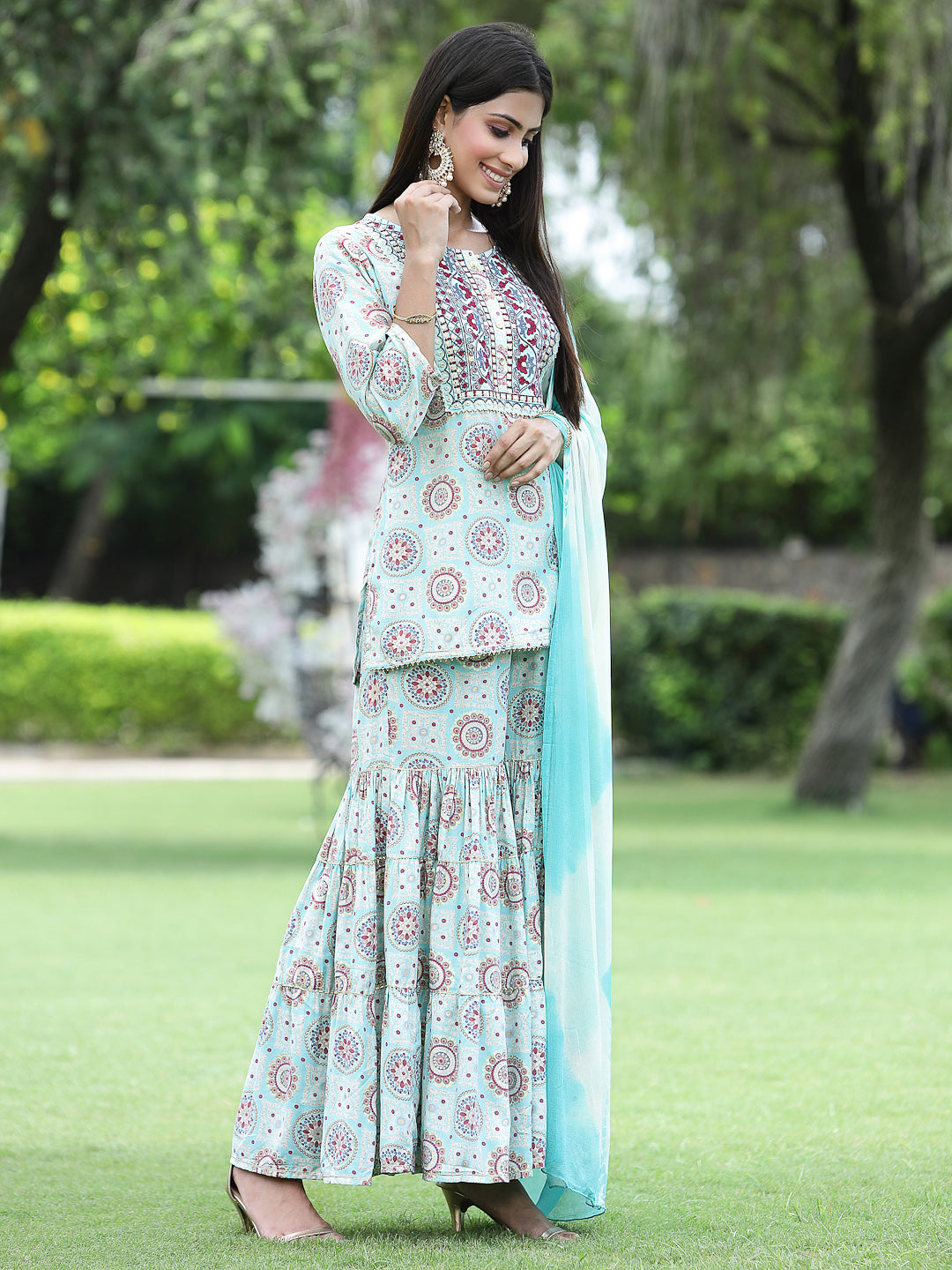 Sky blue Muslin Festive Wear Mirror Work Straight Kurta Sharara Dupatta Set