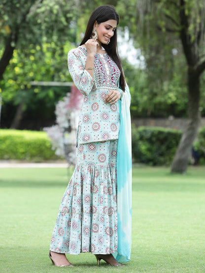 Sky blue Muslin Festive Wear Mirror Work Straight Kurta Sharara Dupatta Set
