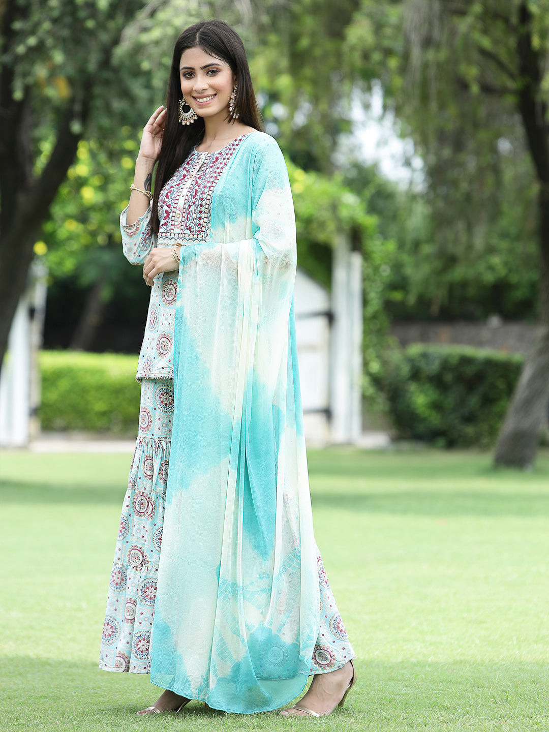 Sky blue Muslin Festive Wear Mirror Work Straight Kurta Sharara Dupatta Set