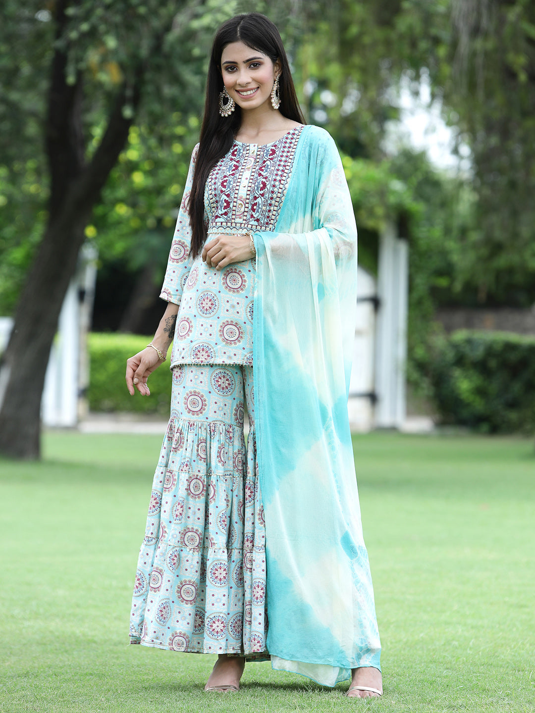 Sky blue Muslin Festive Wear Mirror Work Straight Kurta Sharara Dupatta Set
