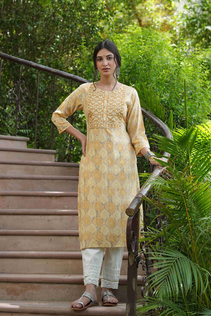 Beige Muslin Festive Wear Mirror Work Straight Kurta