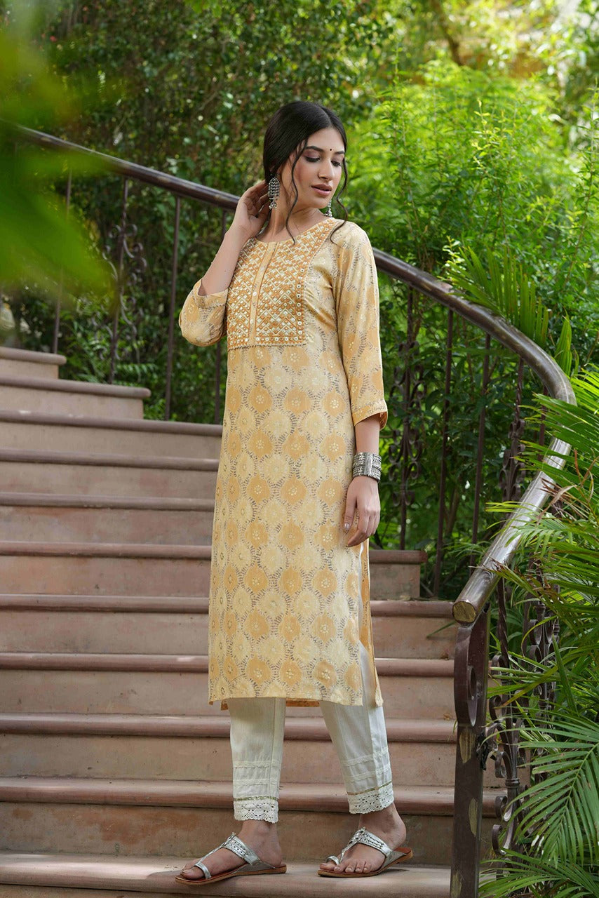 Beige Muslin Festive Wear Mirror Work Straight Kurta