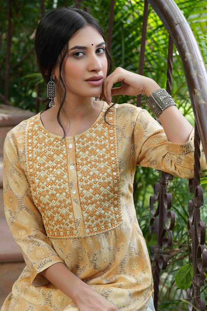 Beige Muslin Festive Wear Mirror Work Straight Kurta