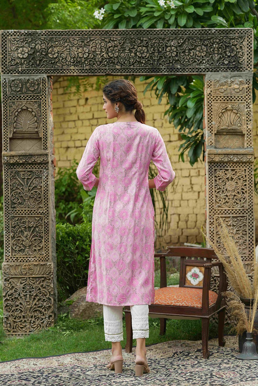 Pink Muslin Festive Wear Mirror Work Straight Kurta