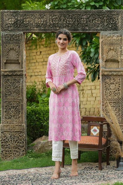 Pink Muslin Festive Wear Mirror Work Straight Kurta