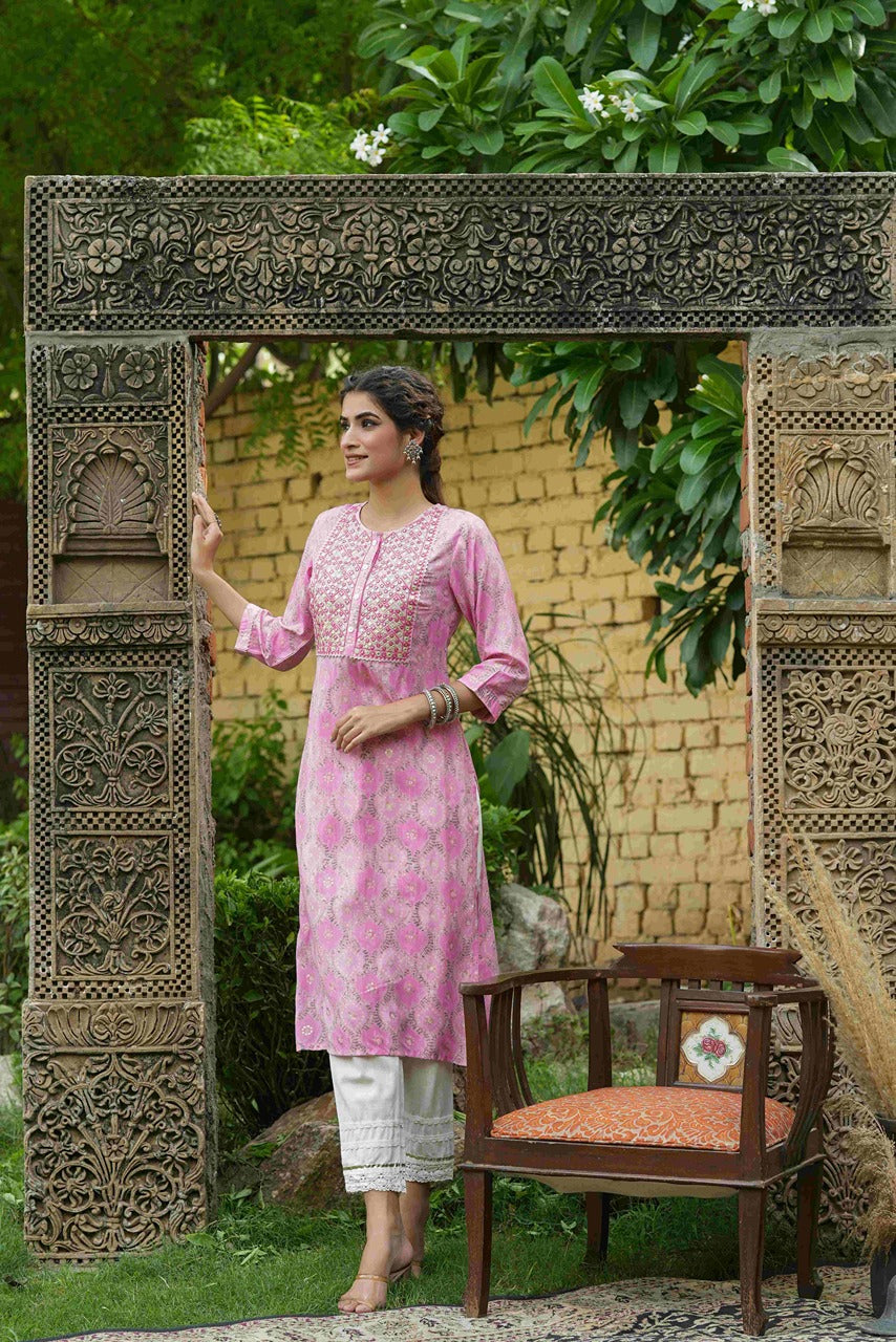 Pink Muslin Festive Wear Mirror Work Straight Kurta