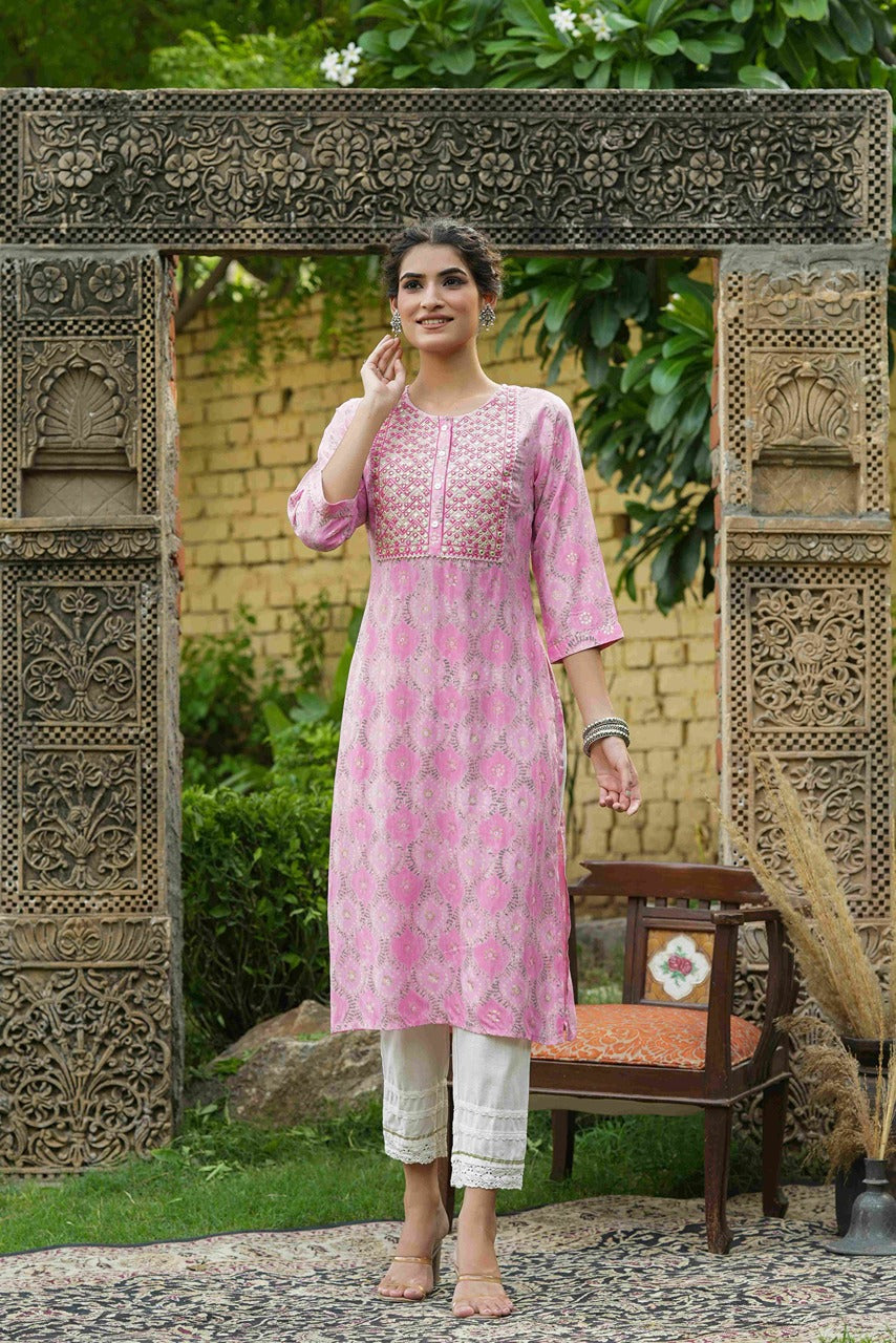 Pink Muslin Festive Wear Mirror Work Straight Kurta