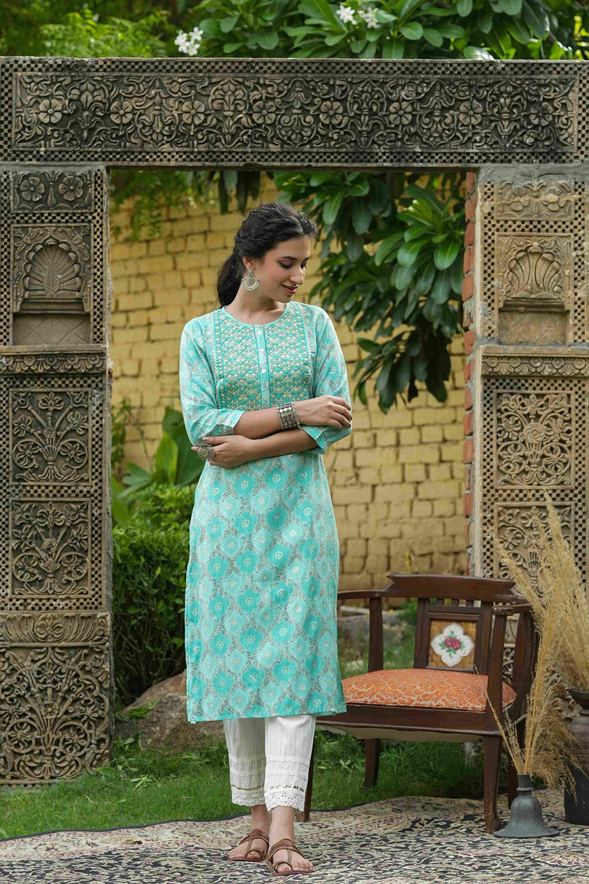 Sky blue Muslin Festive Wear Mirror Work Straight Kurta
