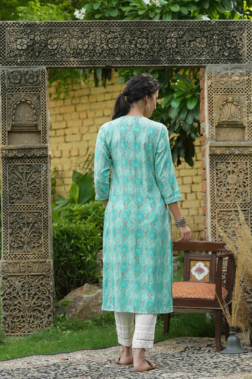 Sky blue Muslin Festive Wear Mirror Work Straight Kurta