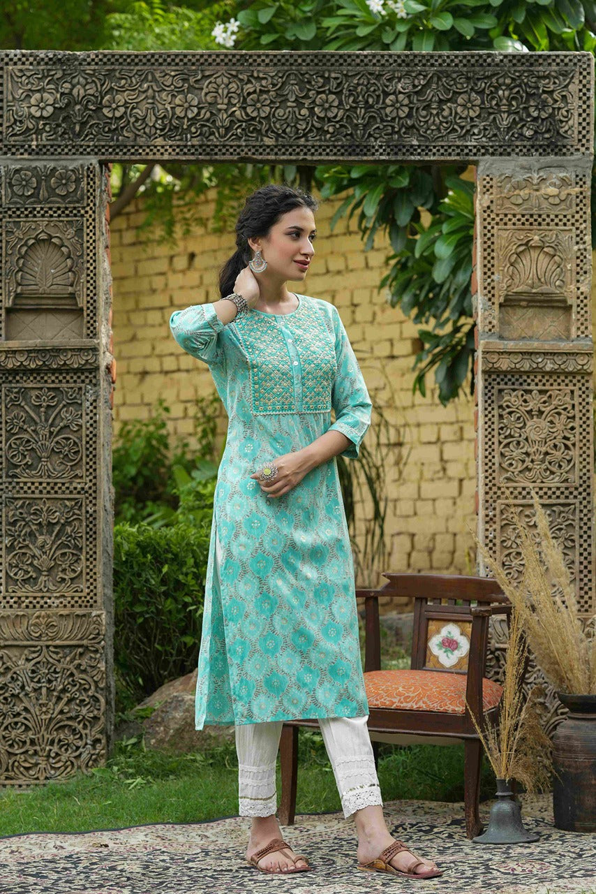 Sky blue Muslin Festive Wear Mirror Work Straight Kurta
