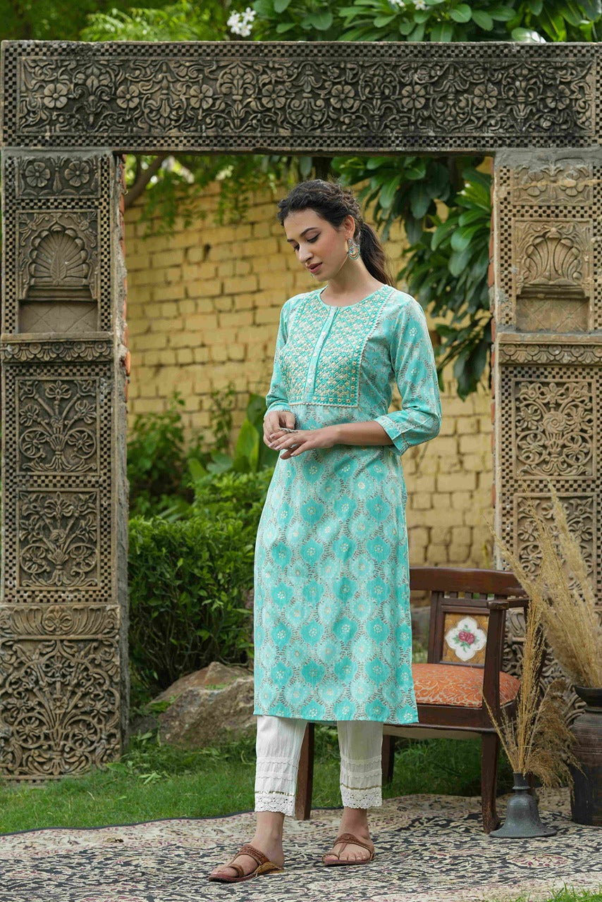 Sky blue Muslin Festive Wear Mirror Work Straight Kurta