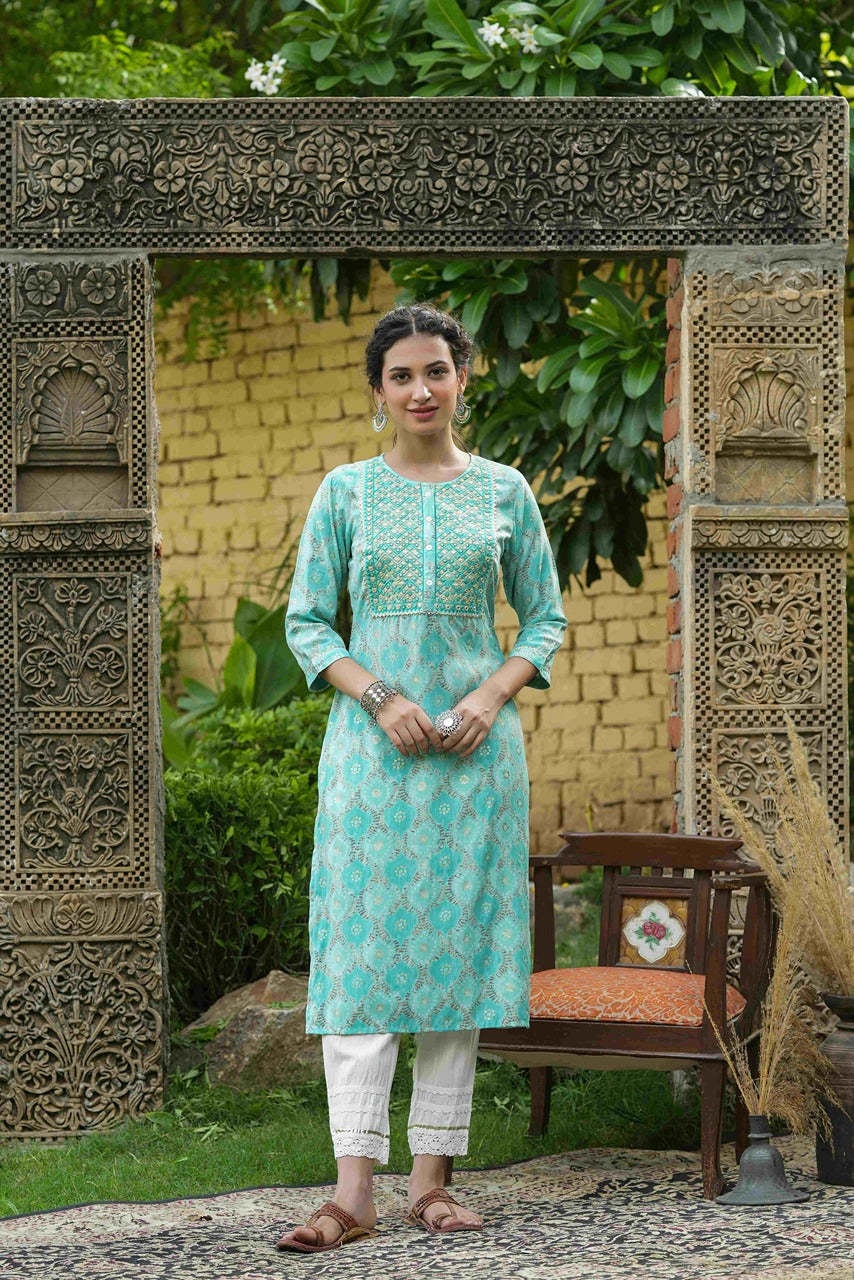 Sky blue Muslin Festive Wear Mirror Work Straight Kurta