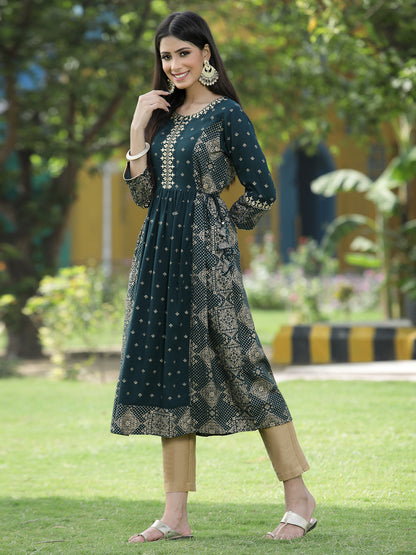 Green Rayon Festive Wear Printed Flared Kurta