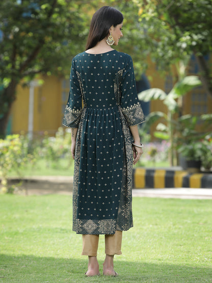 Green Rayon Festive Wear Printed Flared Kurta